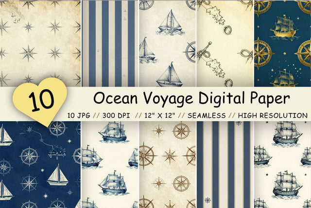 Ocean Voyage Digital Paper Pack, Sailing Adventure Seamless Patterns, Sea Charts, Ships & Maritime Printable Crafts Digital Pattern FloridPrintables 