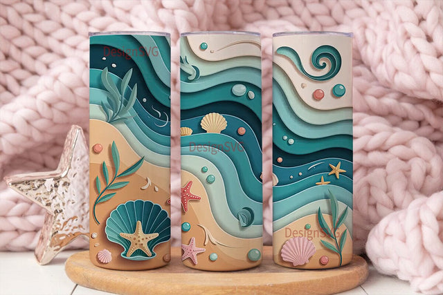 Ocean Waves Paper Cut 20oz Tumbler Wrap Sublimation DesignSVG 