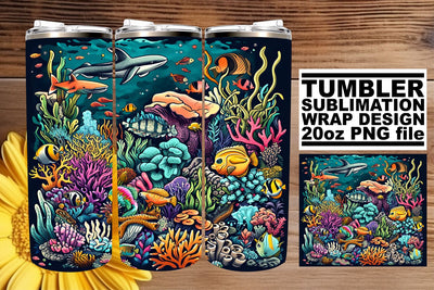 Oceanic Dreams Tumbler Design, Summer Sublimation Wrap, 20oz, Coastal Watercolor Art, Vibrant Fish Sublimation afrosvg 