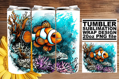 Oceanic Tumbler Design, Summer Sublimation Wrap, 20oz, Vibrant Fish Art, Coastal Watercolor Sublimation afrosvg 