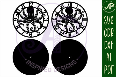 Octopus clock wall clock laser cut files, SVG SVG APInspireddesigns 