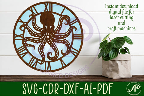 Octopus clock wall clock laser cut files, SVG SVG APInspireddesigns 