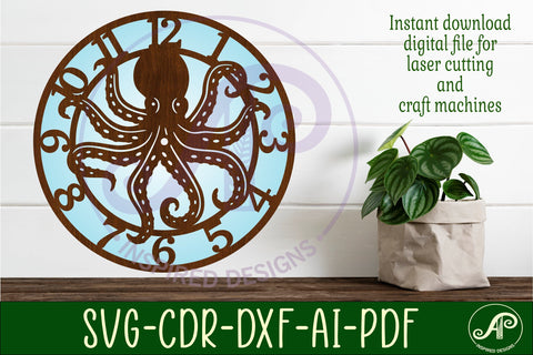 Octopus clock wall clock laser cut files, SVG SVG APInspireddesigns 