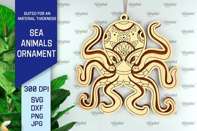 Octopus Ornament Laser Cut. Wooden Sea Animals SVG SVG Evgenyia Guschina 