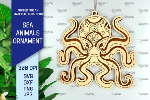 Octopus Ornament Laser Cut. Wooden Sea Animals SVG SVG Evgenyia Guschina 