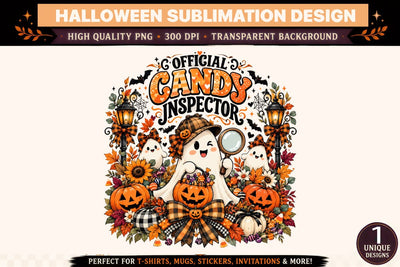 Official Candy Inspector Halloween PNG, Cute Ghost Detective with Pumpkin Candy Bucket, Magnifying Glass, Witch Hat, Buffalo Plaid Bows, Jack O Lanterns and Autumn Floral Sublimation Design Sublimation BlackCatsMedia 