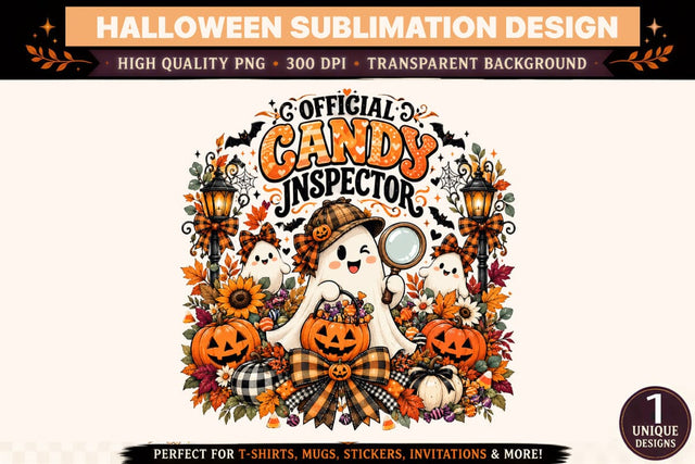 Official Candy Inspector Halloween PNG, Cute Ghost Detective with Pumpkin Candy Bucket, Magnifying Glass, Witch Hat, Buffalo Plaid Bows, Jack O Lanterns and Autumn Floral Sublimation Design Sublimation BlackCatsMedia 