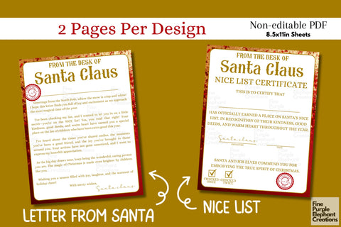 Official Letter from Santa Claus & Nice List Certificate | Christmas Printable Digital Pattern Fine Purple Elephant Creations 