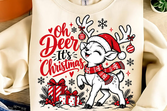 Oh Deer It’s Christmas PNG, Cute Reindeer with Santa Hat Design Sublimation DesignPlante 503 