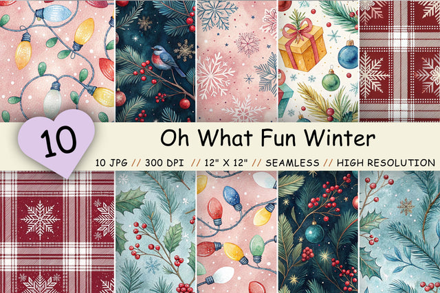 Oh What Fun Winter Digital Paper Pack, Seamless Watercolor Pattern Bundle, Printable Scrapbook Paper, Cozy Festive Design Collection Digital Pattern FloridPrintables 