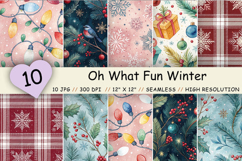 Oh What Fun Winter Digital Paper Pack, Seamless Watercolor Pattern Bundle, Printable Scrapbook Paper, Cozy Festive Design Collection Digital Pattern FloridPrintables 