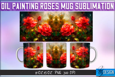 Oil Painting Roses Mug Sublimation | 11 oz 15 oz Mug | PNG File Sublimation Fly Design 