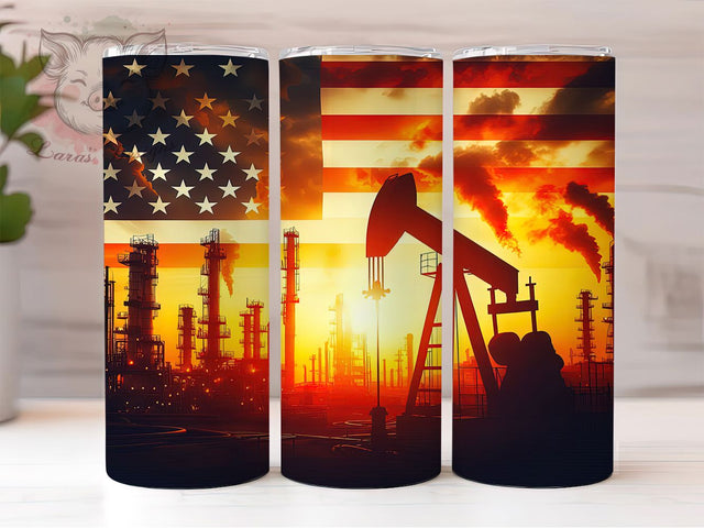 Oilfield Pump Jack 20oz Patriotic Tumbler, American Flag Tumbler, 20oz Sublimation Wrap, Sunset Oilfield Tumbler, Roughneck Gift, Patriotic Oil Worker Tumbler Sublimation Lara' s Designs 