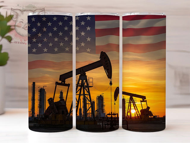 Oilfield Pump Jack 20oz Patriotic Tumbler, American Flag Tumbler, 20oz Sublimation Wrap, Sunset Oilfield Tumbler, Roughneck Gift, Patriotic Oil Worker Tumbler Sublimation Lara' s Designs 