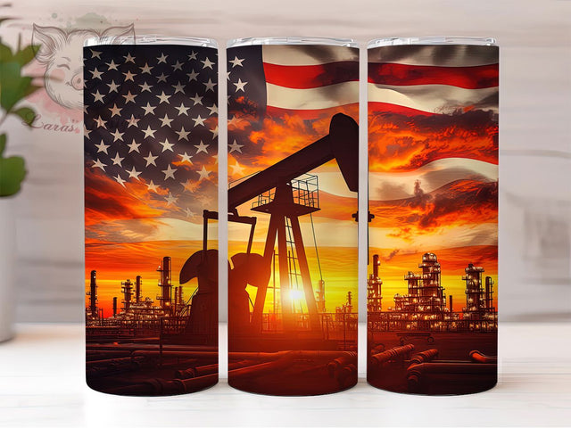Oilfield Pump Jack 20oz Patriotic Tumbler, American Flag Tumbler, 20oz Sublimation Wrap, Sunset Oilfield Tumbler, Roughneck Gift, Patriotic Oil Worker Tumbler Sublimation Lara' s Designs 