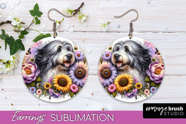 Old English Sheepdog Earrings - Dog Mom Floral Round Earring Sublimation Sublimation OrangeBrushStudio 