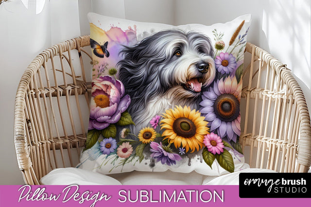 Old English Sheepdog Pillow Cover - Dog Mom Floral Pillow Sublimation Sublimation OrangeBrushStudio 