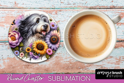 Old English Sheepdog Round Coaster - Dog Mom Floral Coaster Sublimation Sublimation OrangeBrushStudio 