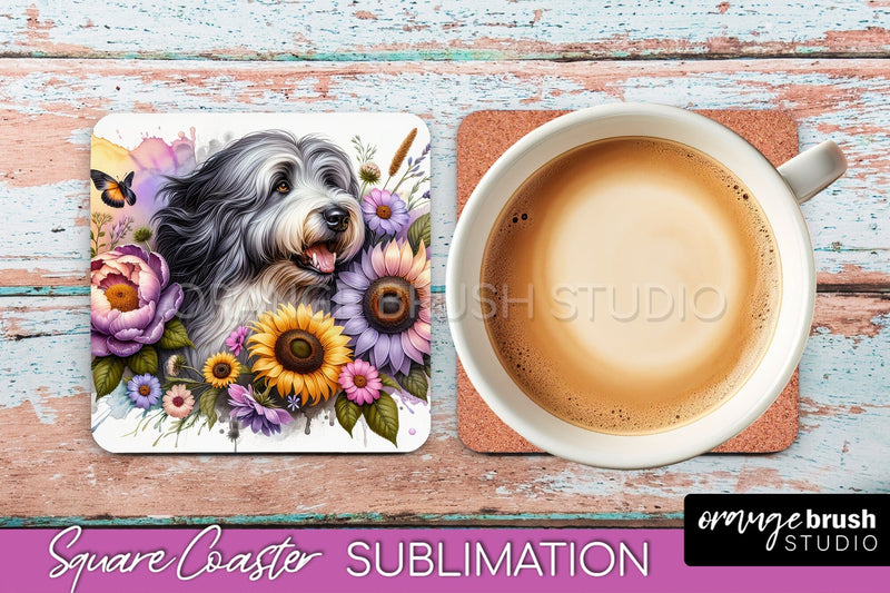 Old English Sheepdog Square Coaster - Dog Mom Floral Coaster Sublimation Sublimation OrangeBrushStudio 