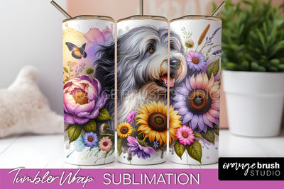 Old English Sheepdog Tumbler Wrap - Dog Mom Floral Tumbler Sublimation Sublimation OrangeBrushStudio 