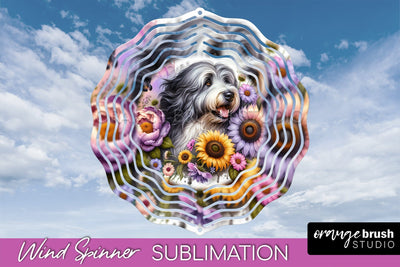 Old English Sheepdog Wind Spinner, Dog Mom Floral Wind Spinner Sublimation Sublimation OrangeBrushStudio 