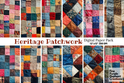Old Patchwork Quilt Fabric Texture Digital Pattern Fine Purple Elephant Creations 