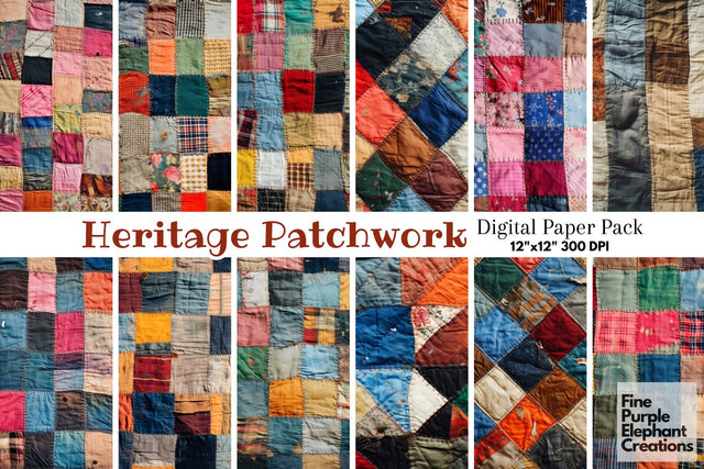 Old Patchwork Quilt Fabric Texture Digital Pattern Fine Purple Elephant Creations 