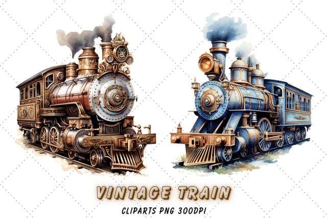 old Steam Locomotives Trains Clipart Printable Illustration for Decoupage, Wall Art Prints, Collages - PNG Downloadable Sublimation FloridPrintables 