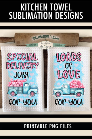 Old Trucks with Hearts Valentine Kitchen Towel Designs Sublimation Ewe-N-Me Designs 