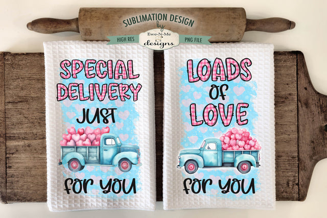 Old Trucks with Hearts Valentine Kitchen Towel Designs Sublimation Ewe-N-Me Designs 