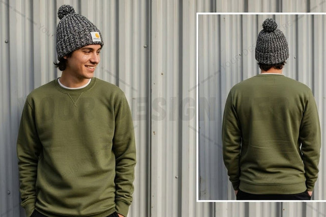 Olive green crew neck sweatshirt with pom pom beanie Mock Up Photo Designangry 