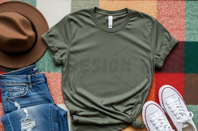 Olive green t-shirt mockup with casual outfit Mock Up Photo Designangry 