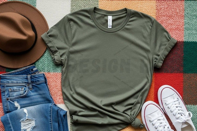 Olive green t-shirt mockup with casual outfit Mock Up Photo Designangry 