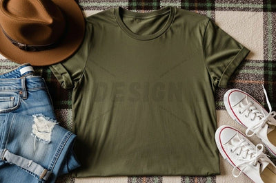 Olive green t-shirt mockup with casual outfit Mock Up Photo Designangry 