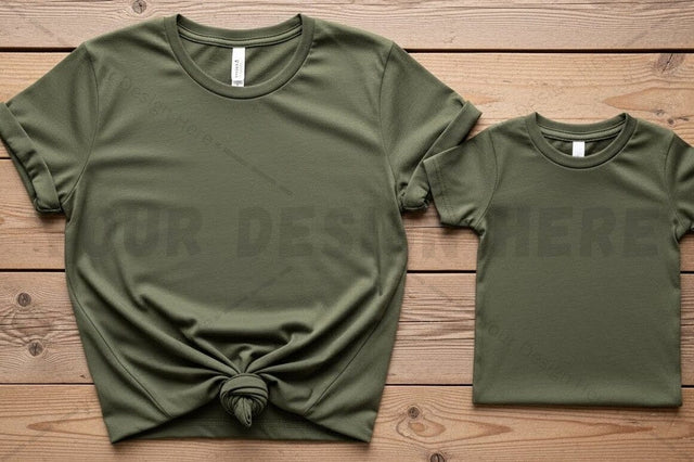 Olive green t-shirt set for adult and child Mock Up Photo Regulrcrative 