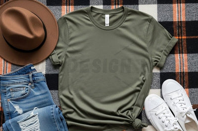 Olive green t-shirt with casual outfit Mock Up Photo Designangry 