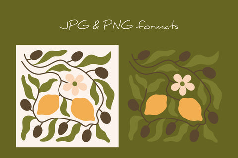 Olive & Lemon Branches Mediterranean Abstract Botanical Art Sublimation Rin Green 