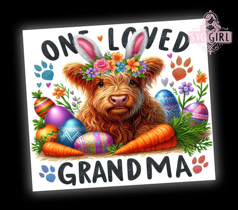 One Loved Grandma, Happy Easter, Easter Highland Cow, 20oz Tumbler, PNG Sublimation, Easter Gift, Spring Decor, Tumbler Wrap Sublimation SvggirlplusArt 
