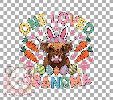 One Loved Grandma, Happy Easter, Easter PNG, Highland Cow, Digital Download, Sublimation Design, Family Love, Easter Decor Sublimation Lara' s Designs 
