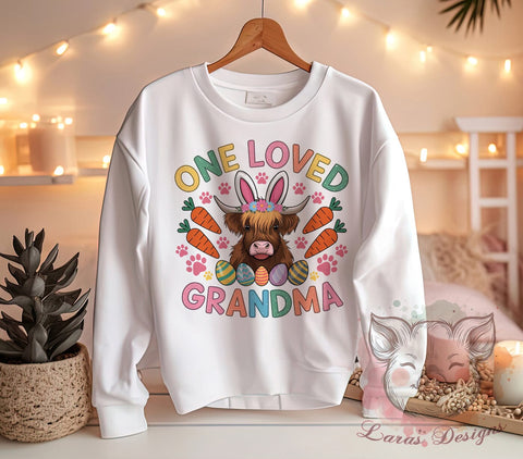 One Loved Grandma, Happy Easter, Easter PNG, Highland Cow, Digital Download, Sublimation Design, Family Love, Easter Decor Sublimation Lara' s Designs 