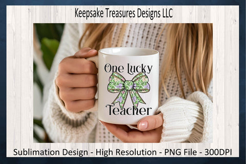 One Lucky Teacher Four Leaf Clover, St. Patrick's Day Coquette Bow, Sublimation PNG, Digital Download Sublimation Keepsake Treasures Designs LLC. 