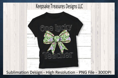 One Lucky Teacher Four Leaf Clover, St. Patrick's Day Coquette Bow, Sublimation PNG, Digital Download Sublimation Keepsake Treasures Designs LLC. 