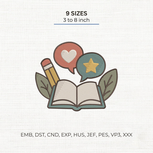 Open Book Teacher Embroidery Design – Pencil Heart Star School Education Machine Embroidery File Embroidery/Applique DESIGNS PatternFeed8 