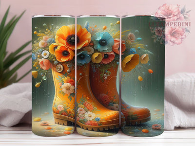 Orange Boots Floral 20oz Tumbler, Rustic Gift, Sublimation Wrap, Floral Mug, 20oz Tumbler Design, Orange Rubber Boots Art, Country Garden Theme Sublimation Li Zamperini 