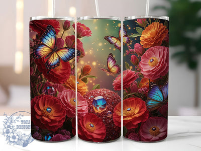 Orange Floral Butterfly Tumbler, Floral Design, Nature Theme, Vibrant Pattern, Elegant Style, 20Oz Tumbler, Sublimation Wrap Sublimation ToriDesigns 