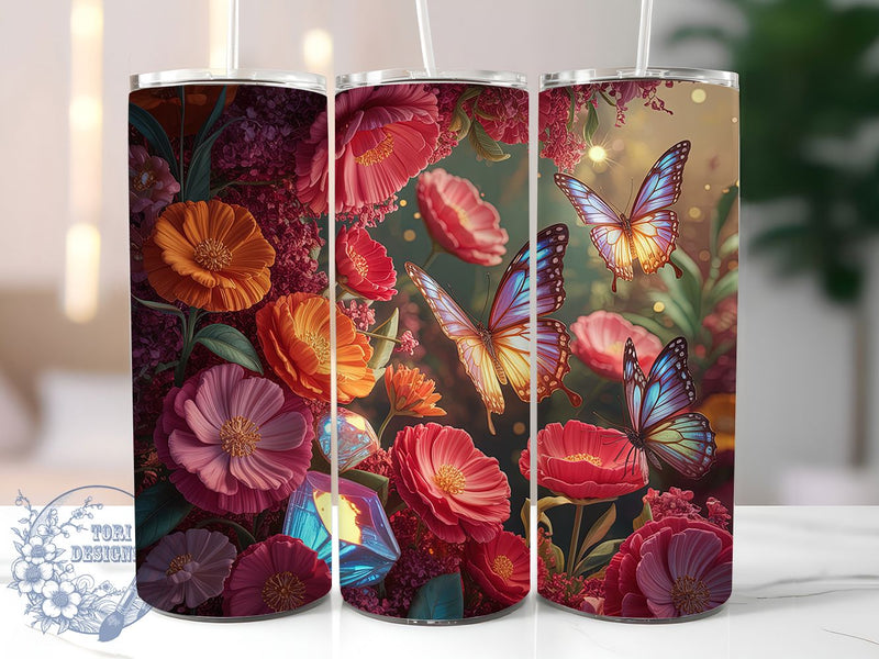 Orange Floral Butterfly Tumbler, Floral Design, Nature Theme, Vibrant Pattern, Elegant Style, 20Oz Tumbler, Sublimation Wrap Sublimation ToriDesigns 