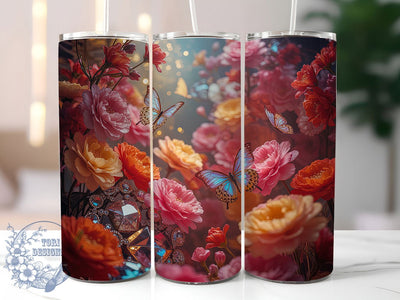 Orange Floral Butterfly Tumbler, Floral Design, Nature Theme, Vibrant Pattern, Elegant Style, 20Oz Tumbler, Sublimation Wrap Sublimation ToriDesigns 
