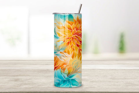 Orange Floral Mirage Tumbler Wrap | Sublimation PNG design, Orange FLower 20oz Sublimation Tumbler Designs, Floral Silver Glitter Split 9.2 x 8.3” Straight Skinny Tumbler Wrap PNG Sublimation FloridPrintables 