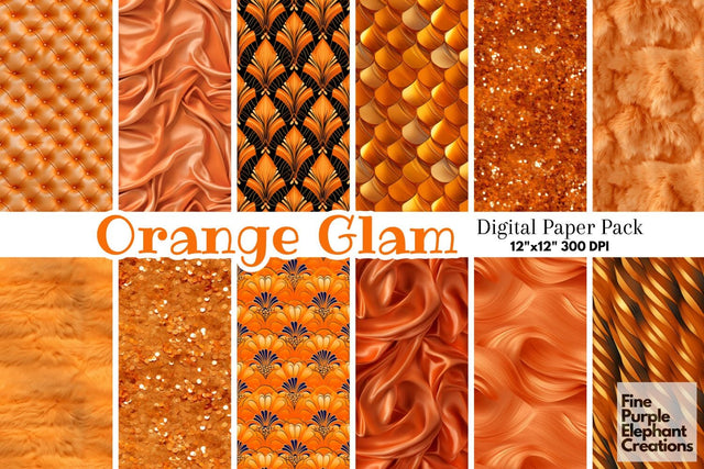 Orange Glam Digital Paper | Luxury Glitter Art Deco Digital Pattern Fine Purple Elephant Creations 