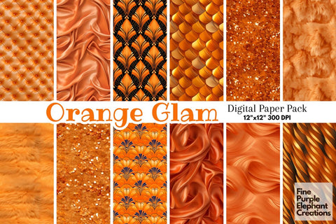 Orange Glam Digital Paper | Luxury Glitter Art Deco Digital Pattern Fine Purple Elephant Creations 